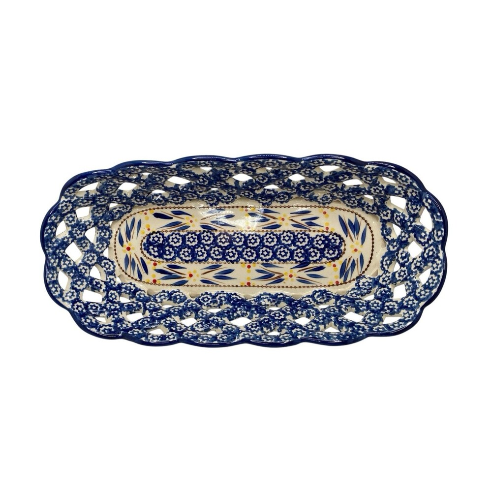 NEW Temptations Old World Blue Oval Lattice Serving Basket 14.5"x7" PPPJN 798082